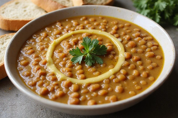 A bowl of creamy lentil soup, garnished with a swirl of olive oil and fresh parsley, served with crusty bread.