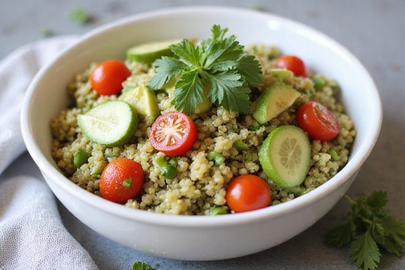 A vibrant quinoa salad with avocado, cherry tomatoes, cucumber, and fresh herbs, presented in a modern bowl.