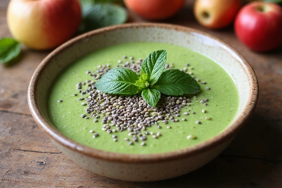 A bowl of vibrant green smoothie, garnished with mint leaves and chia seeds, next to fresh fruits.