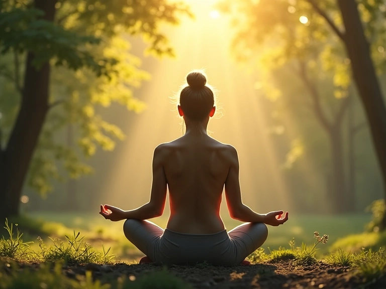 A person meditating in a serene natural setting, depicting mental well-being and stress reduction.