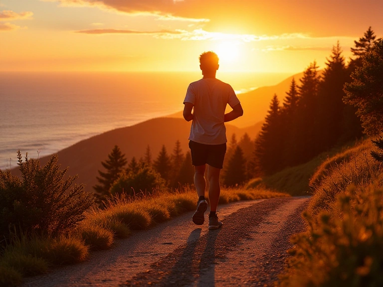 A person jogging on a scenic trail at sunrise, emphasizing energy and vitality.