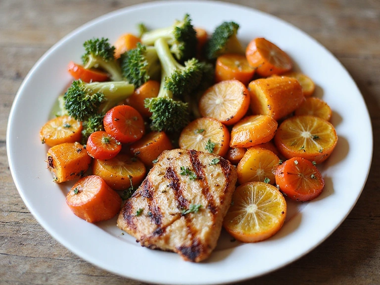 A plate of colorful roasted vegetables and lean protein, representing a balanced meal for weight management.