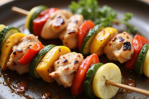 Chicken and vegetable skewers perfectly grilled, showing vibrant colors and char marks, served on a platter.