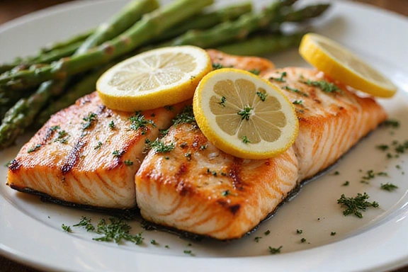 Grilled salmon fillet perfectly cooked, garnished with lemon slices and fresh dill, served with asparagus.