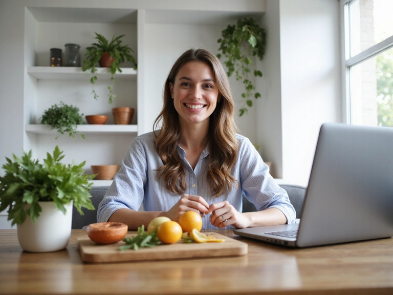 Woman engaging in an online consultation with a nutritionist on a laptop.