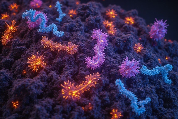 Microscopic view of healthy gut bacteria, glowing and diverse.