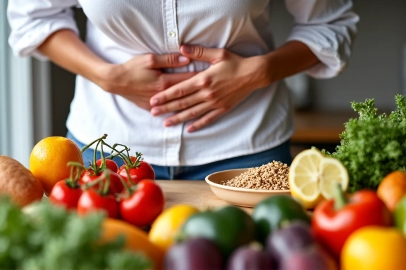 Person holding their stomach due to digestive discomfort, surrounded by healthy food items like fruits and vegetables.