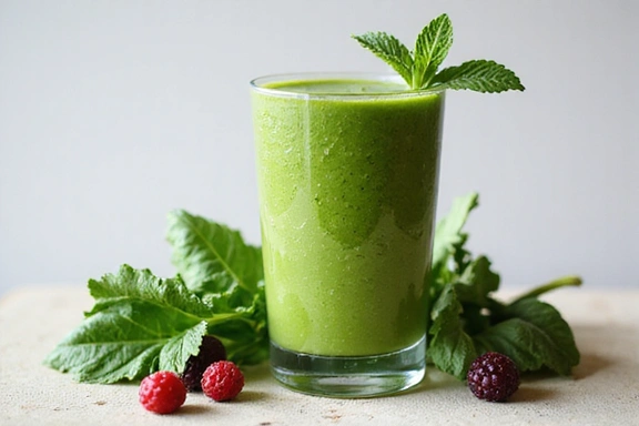 A vibrant green smoothie in a glass next to fresh spinach and fruits, symbolizing healthy drinks.