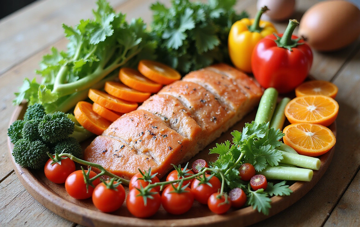 A vibrant, healthy meal spread with fresh vegetables, fruits, and lean protein, symbolizing balanced nutrition and a healthy lifestyle.