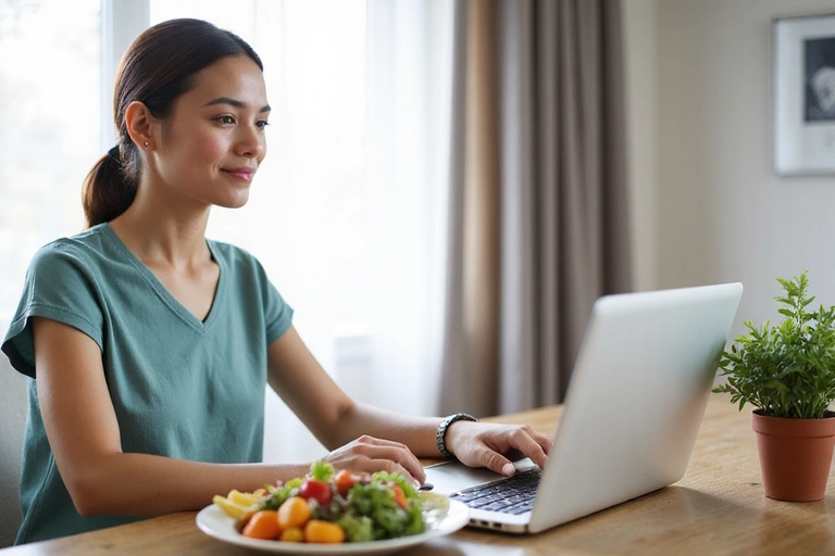A person working from home with a healthy meal and a laptop, emphasizing flexibility.
