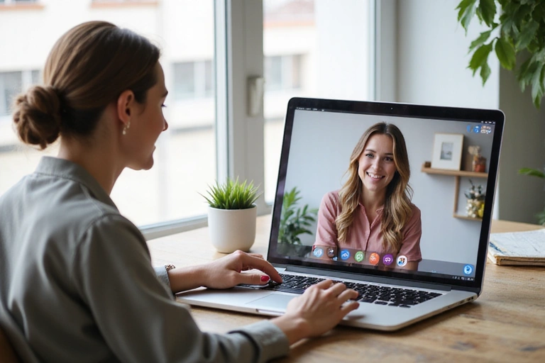 A woman having a video call consultation with a nutritionist on her laptop, smiling.