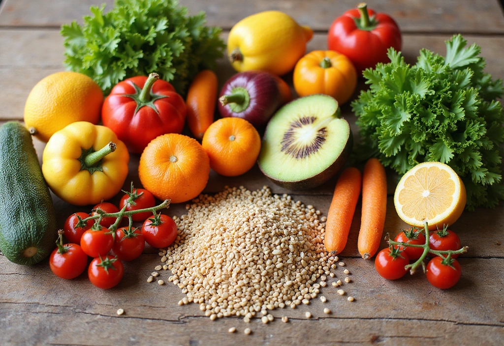 A vibrant image of fresh fruits, vegetables, and whole grains meticulously arranged on a wooden table, symbolizing healthy eating and comprehensive well-being. The scene is bright and inviting, suggesting a balanced diet.