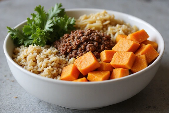 Bowl of complex carbohydrates like quinoa and sweet potato