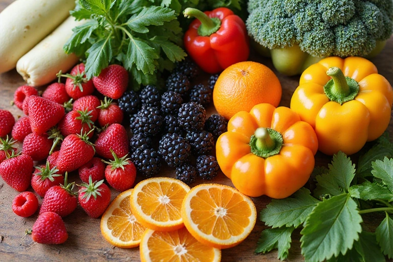 Colorful array of fruits and vegetables representing micronutrients