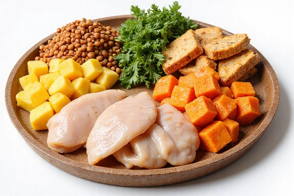 Various protein sources like chicken breast, eggs, and tofu