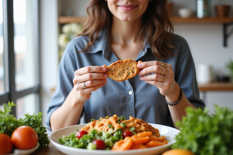 A person enjoying a healthy, colorful meal with fresh vegetables and lean protein, symbolizing balanced nutrition.